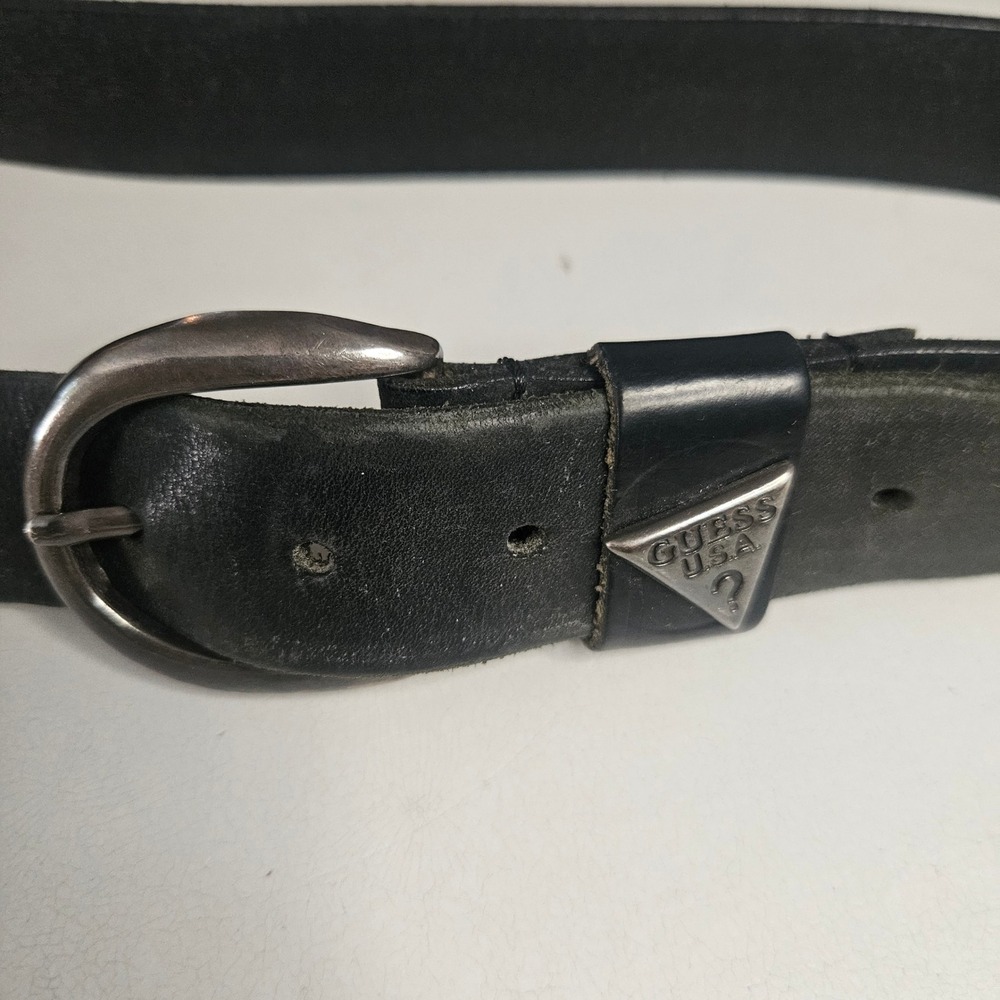 Vintage Guess USA Black Genuine Leather Belt with Triangle Logo Silver Buckle L